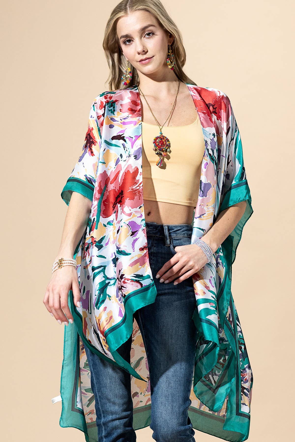 Urbanista - Abstract Floral Print Kimono: PINK-PK