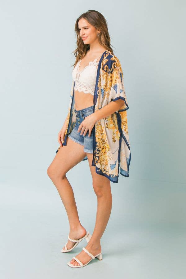FLYING TOMATO - A printed woven midi kimono cover up-Ivory and Navy