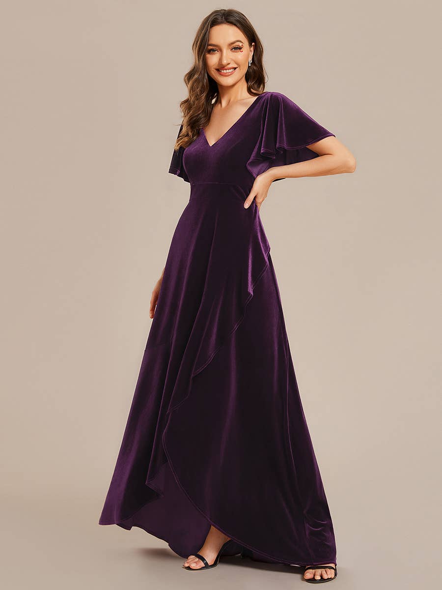 Ever-Pretty - High-low V Neck Evening Dress with Short Sleeves: Dark Purple