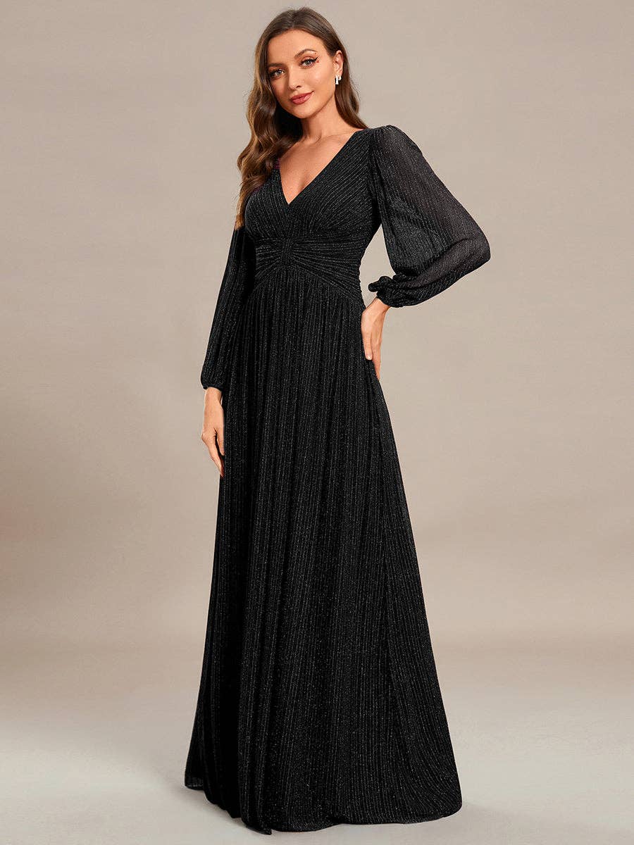 Ever-Pretty - Maxi Long Chiffon Waist V Neck Long Sleeves Evening Dress: Burgundy / 14