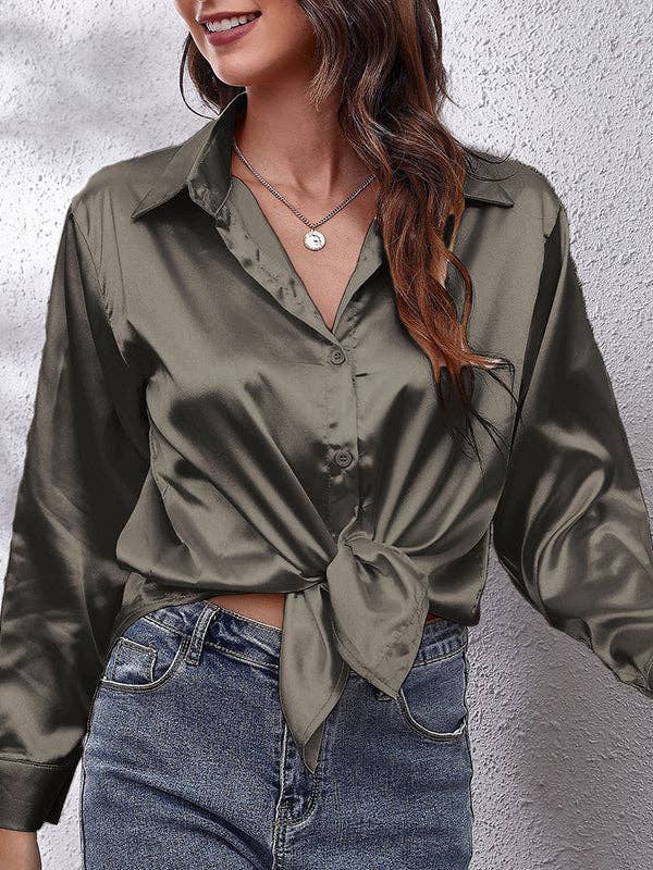 UZ Wholesale Store - Solid Color Long Sleeves Loose Lapel Blouses: WHITE / S