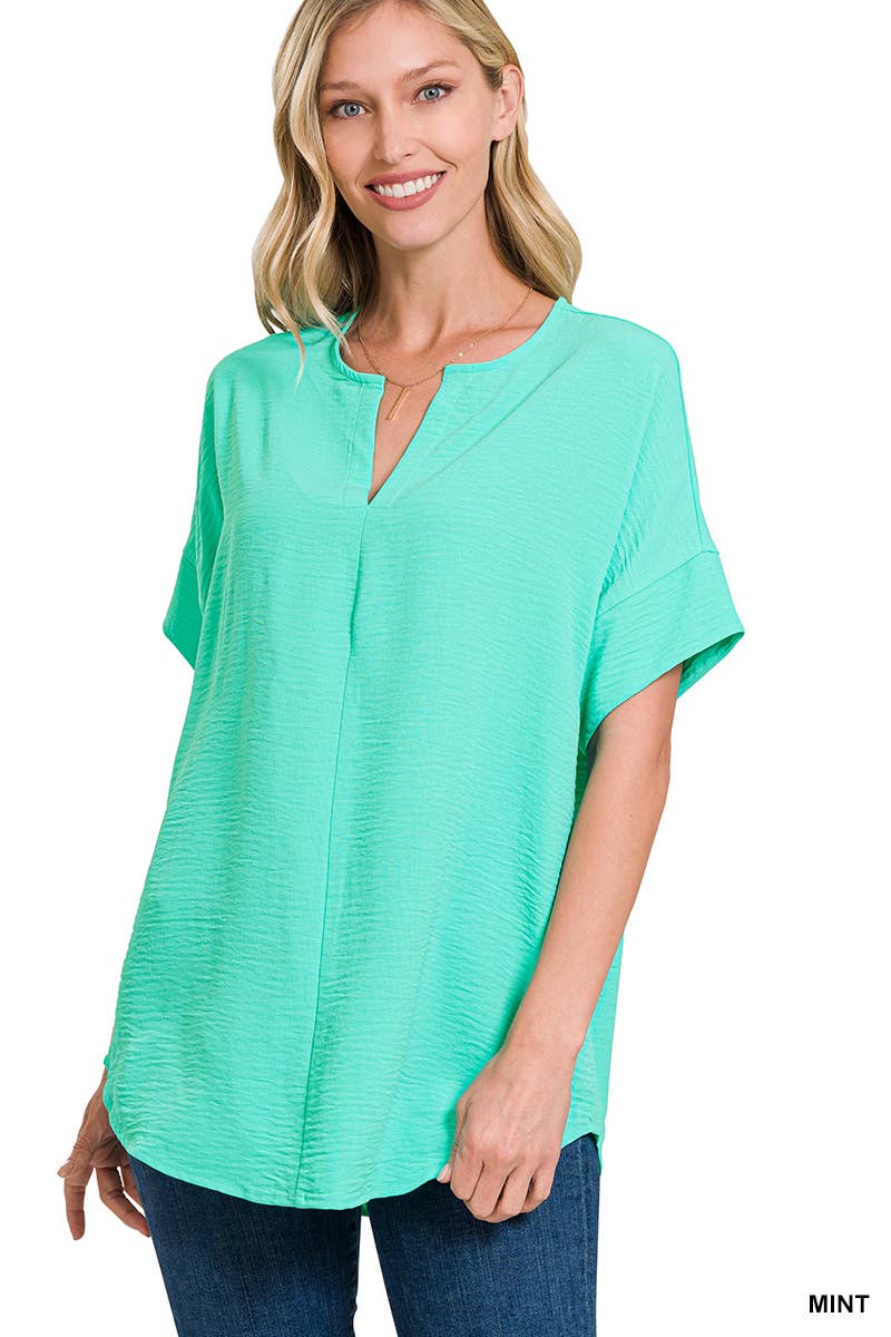 42POPS -Woven Airflow Split Neck Short Sleeve Top Fuschia