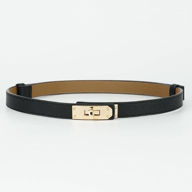 Infinite Basics - Women’s Skinny Leather Adjustable Belt with Turn-Lock Buckle for Dresses & Jeans: Black