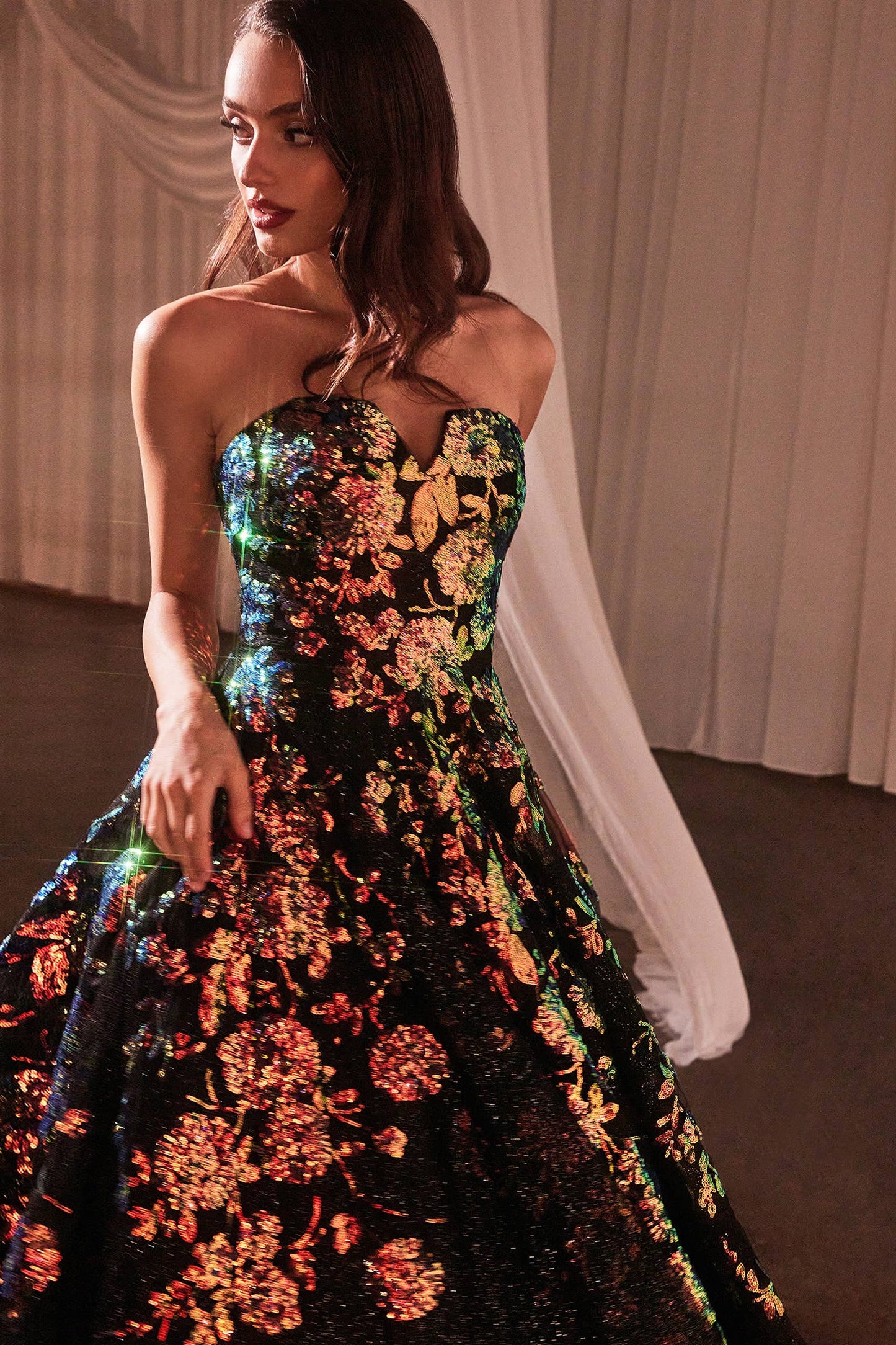 Ladivine by Cinderella Divine - STRAPLESS FLORAL APPLIQUED BLACK BALL GOWN: Black / 6