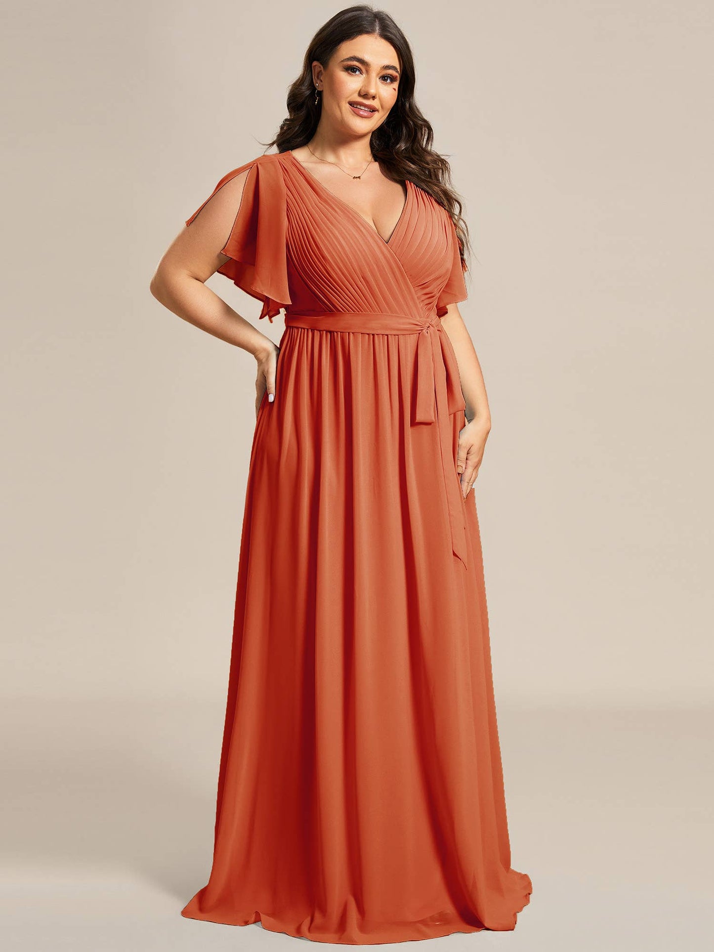 Ever-Pretty - Plus Size Belted Chiffon Bridesmaid Dress: Dark Green / 24