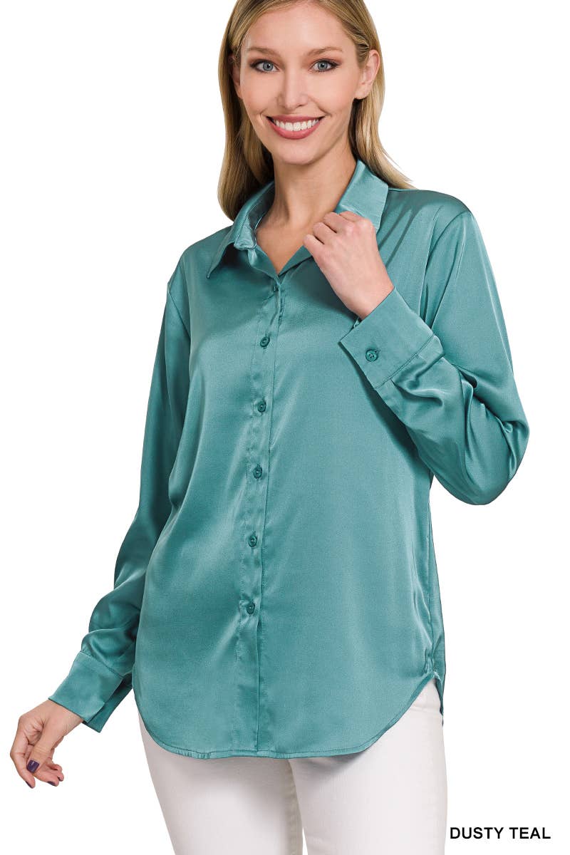 42POPS - ....SI-23622 SATIN CHARMEUSE BUTTON FRONT SHIRT: IVORY-153070 / M