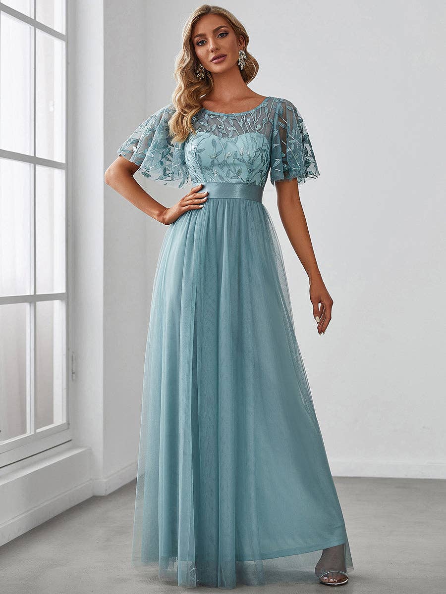 Ever-Pretty - Sequin Print Maxi Long Evening Dresses with Cap Sleeve: Dusty Navy / 16
