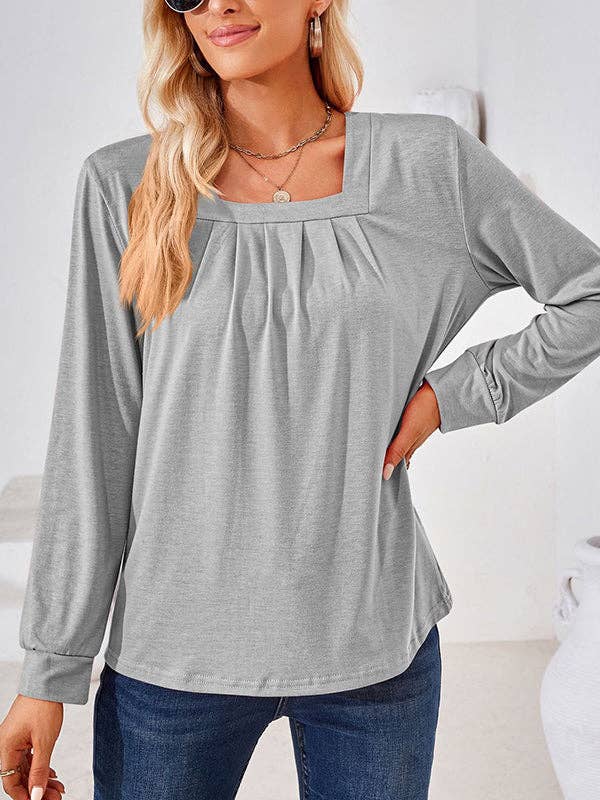 UZ Wholesale Store - Long Sleeves Loose Pleated Solid Color Square-Neck T-Shirts Tops: PINK / M