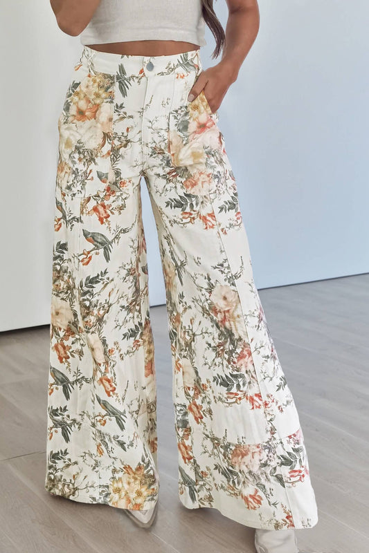 66DISCO - Floral Print High Waisted Wide Leg Denim Jeans: Beige