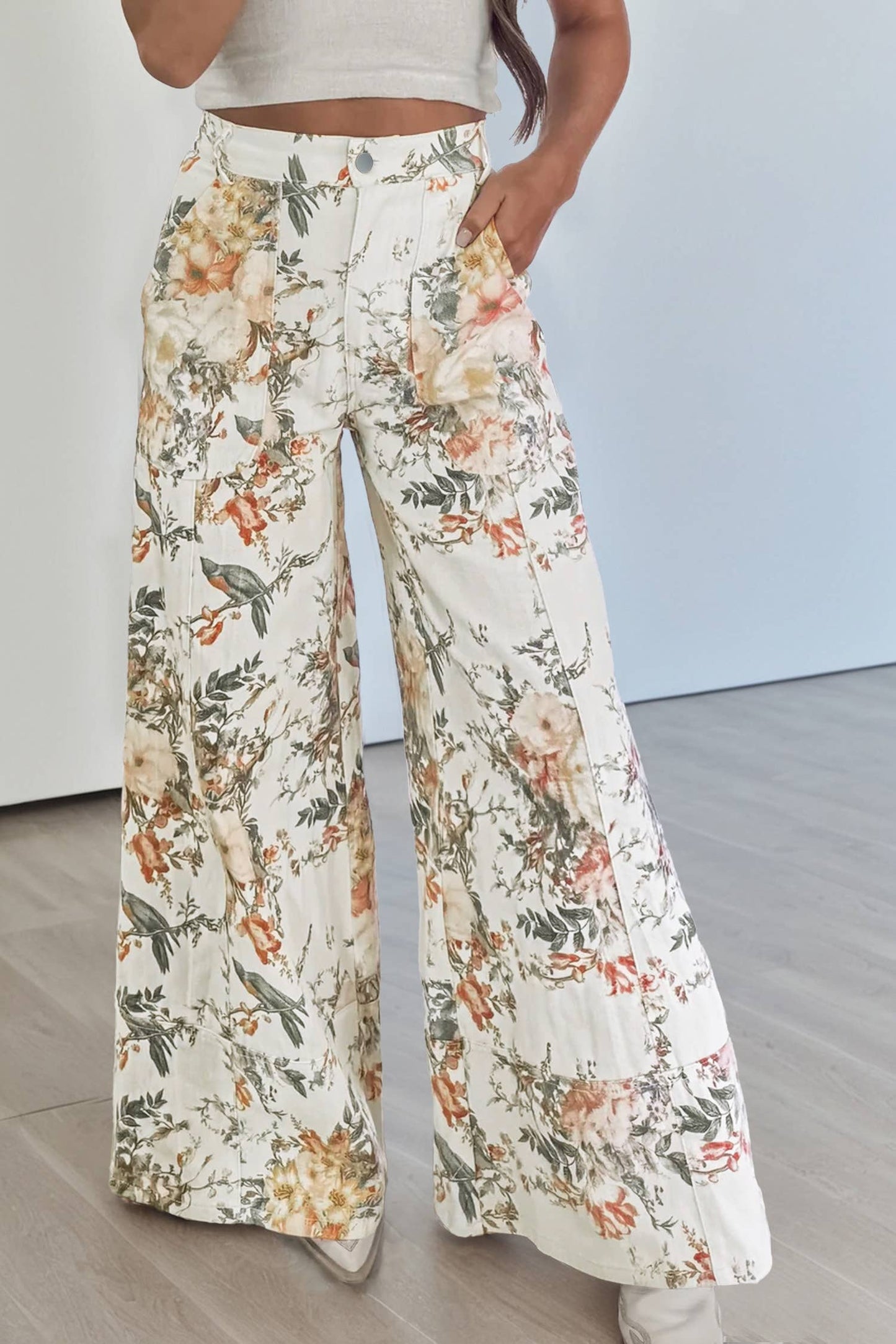 66DISCO - Floral Print High Waisted Wide Leg Denim Jeans: Beige / 14