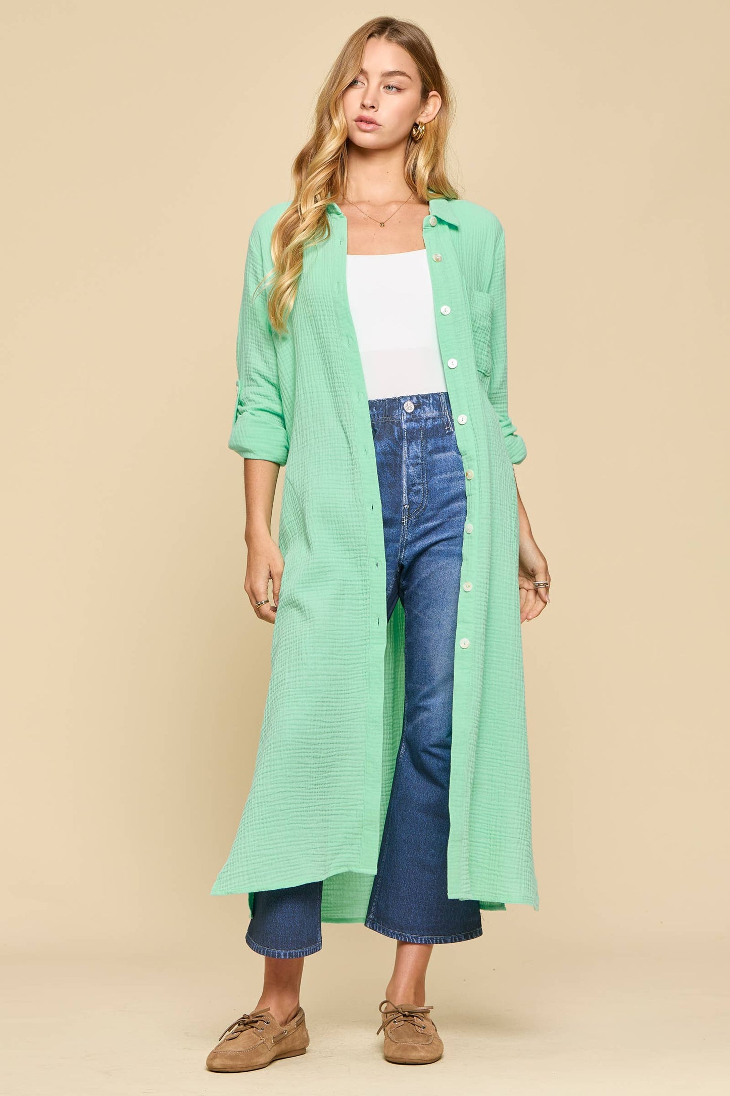 Dear Scarlett - Breathable Cotton Button-Down Duster: COASTAL NAVY