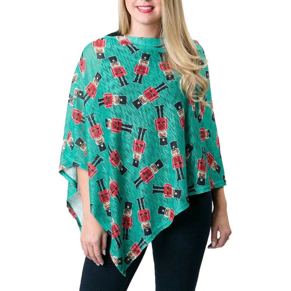 Top It Off - Emily Printed Holiday Poncho - Sale: Nutcracker on Green
