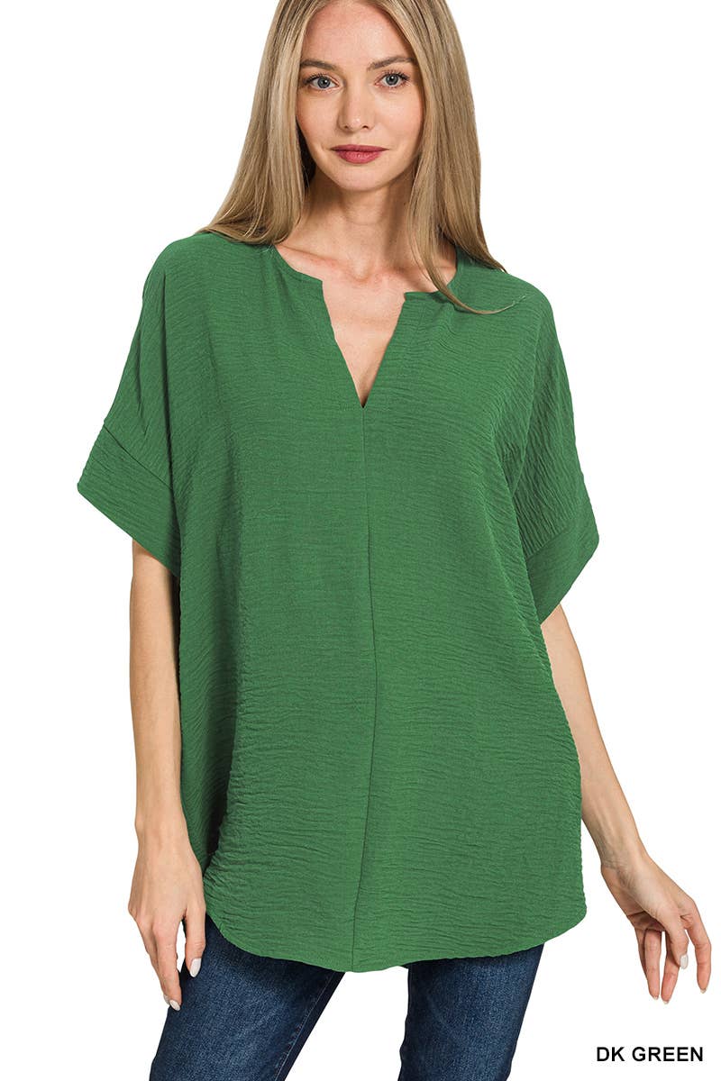 42POPS-Woven Airflow Split Neck Short Sleeve Top Coral