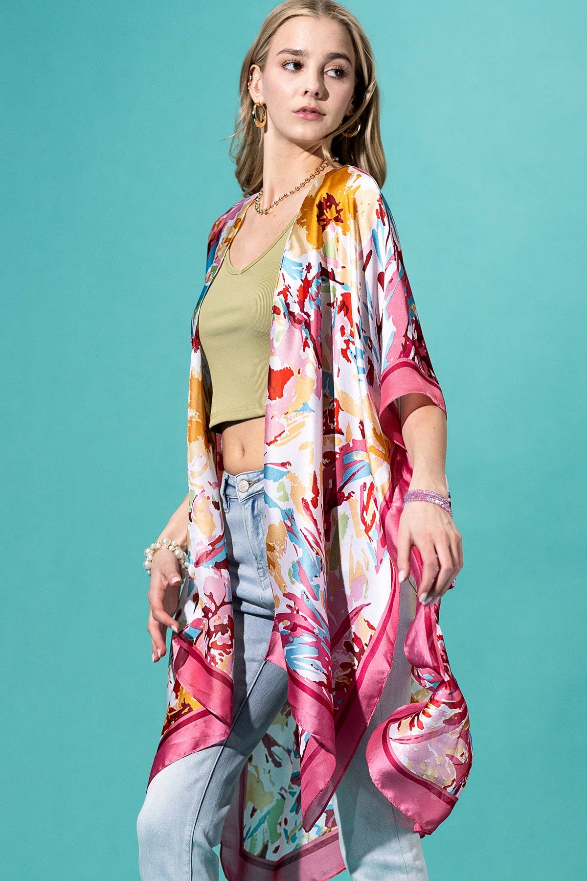 Urbanista - Abstract Floral Print Kimono: PINK-PK