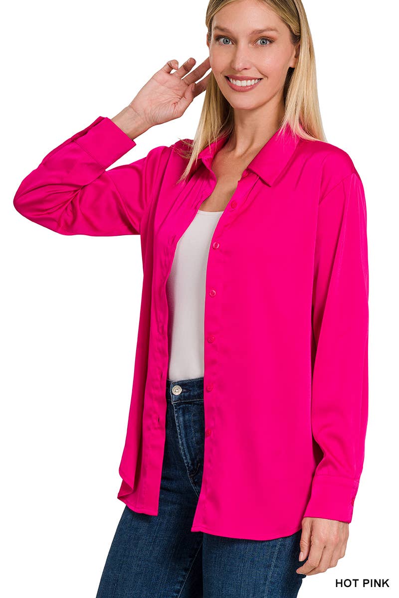 42POPS - ....SI-23622 SATIN CHARMEUSE BUTTON FRONT SHIRT: RUBY-153925 / XL