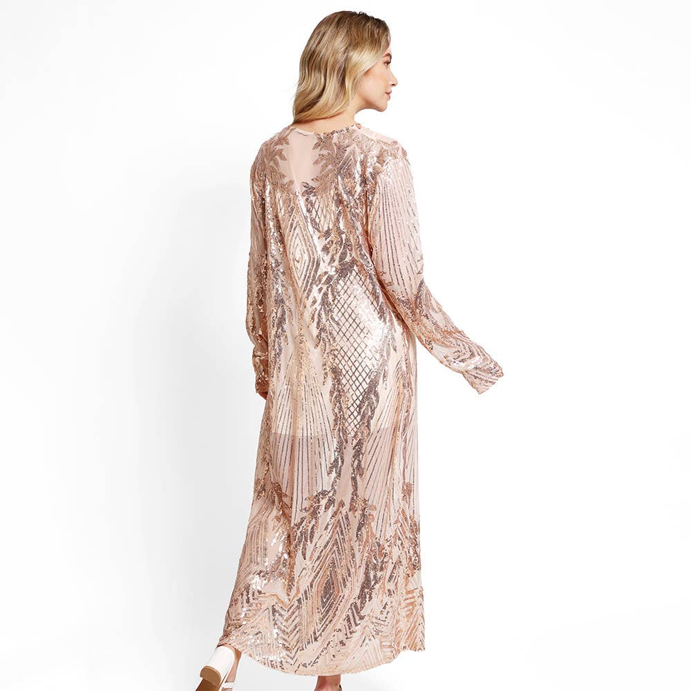 Sensibling Corp. - Leaves Pattern Sequin Long Cover-Up Kimono Poncho: Rose Gold