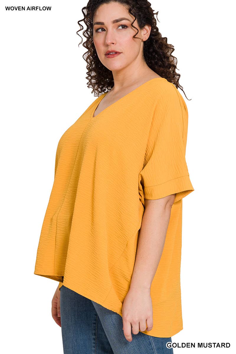 42POPS - PLUS SIZE WOVEN AIRFLOW V-NECK DOLMAN SHORT SLEEVE TOP: FUCHSIA-152206 / 2X