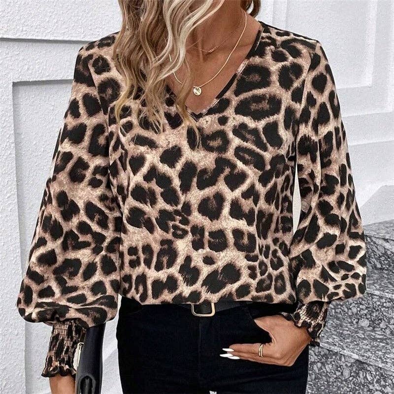 UZ Store Leopard V Neck Lantern Sleeve Shirt: COFFEE