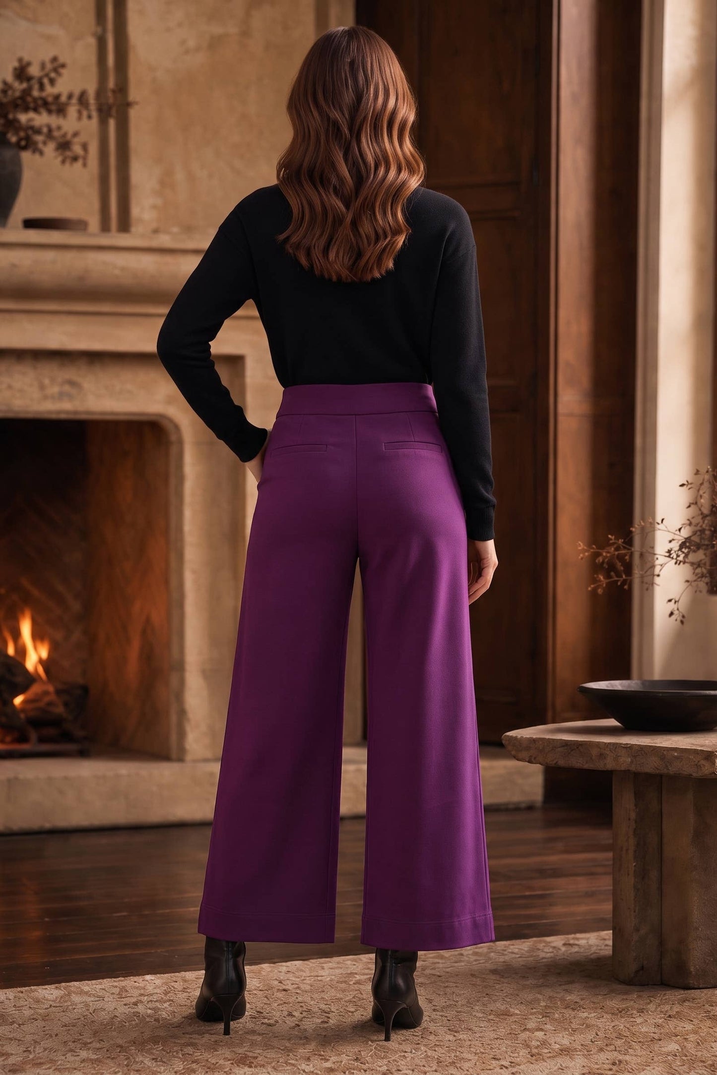 Dear Scarlett - High Rise Twill Wide-Leg Pants : BORDEAUX WINE / XL