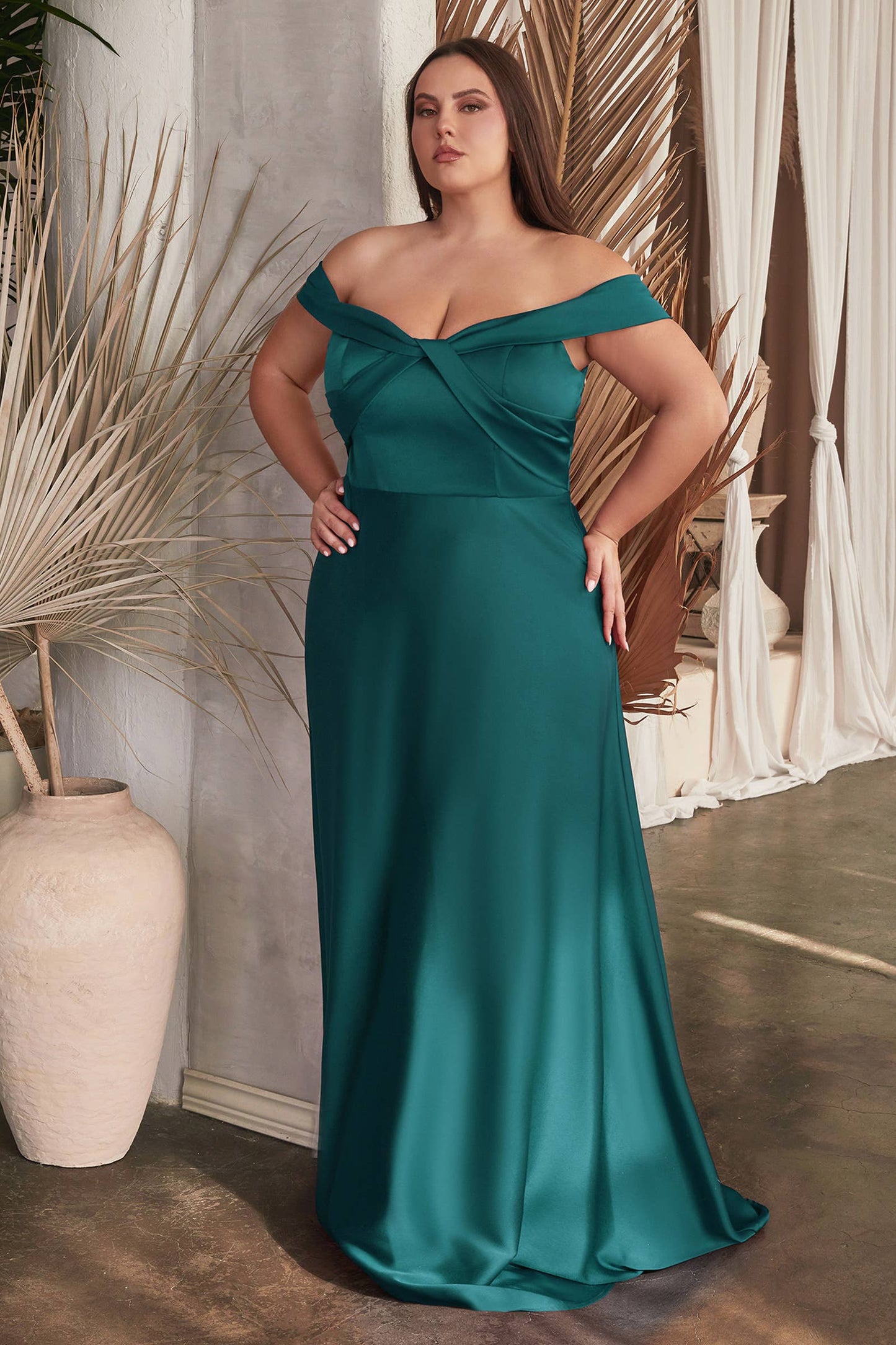 Ladivine by Cinderella Divine - SATIN OFF THE SHOULDER GOWN: EMERALD / 24