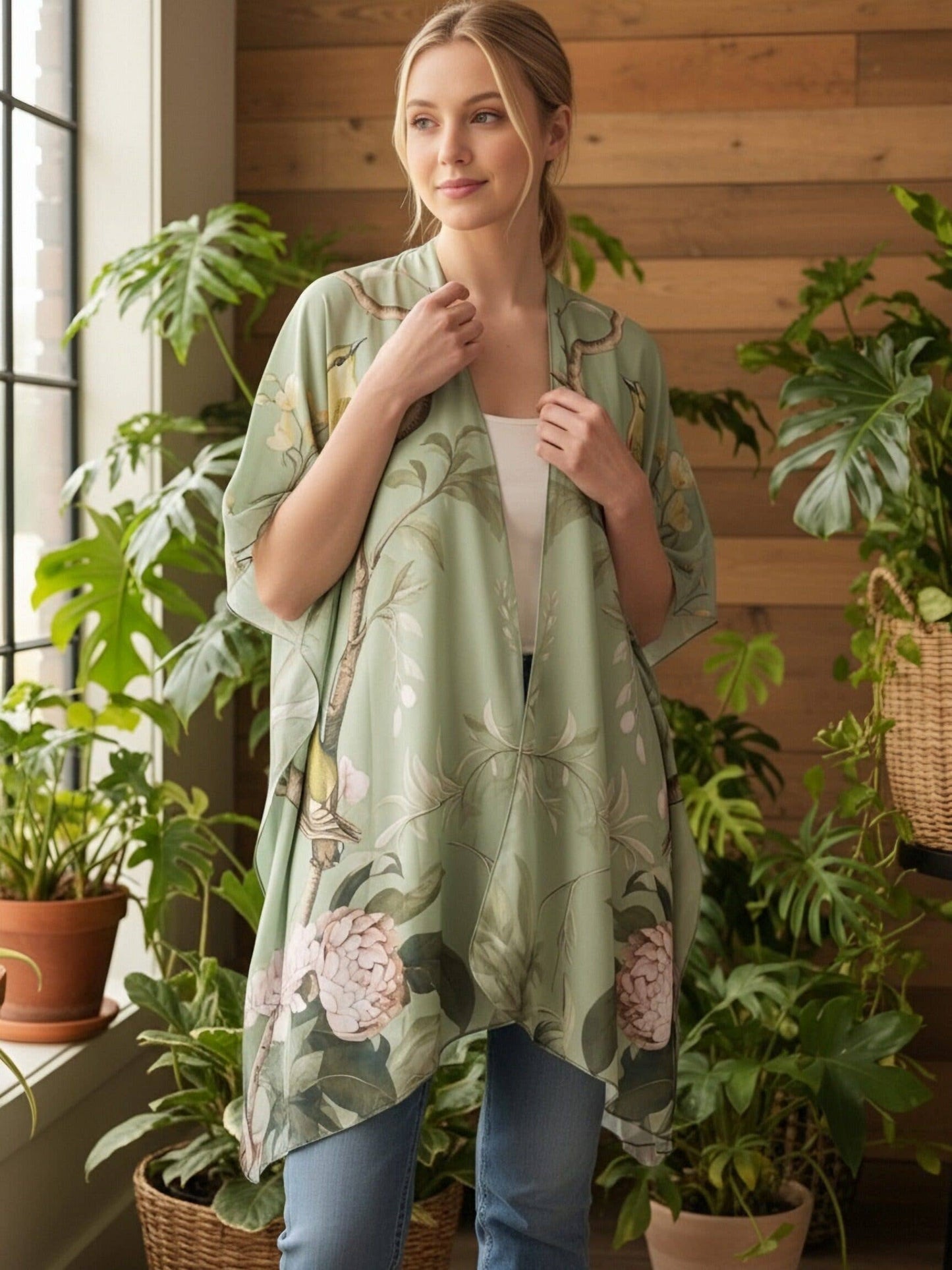 JC Sunny Fashion - JC091729 Green-Multi Spring Garden Blooms & Birds Kimono/Cover-Up