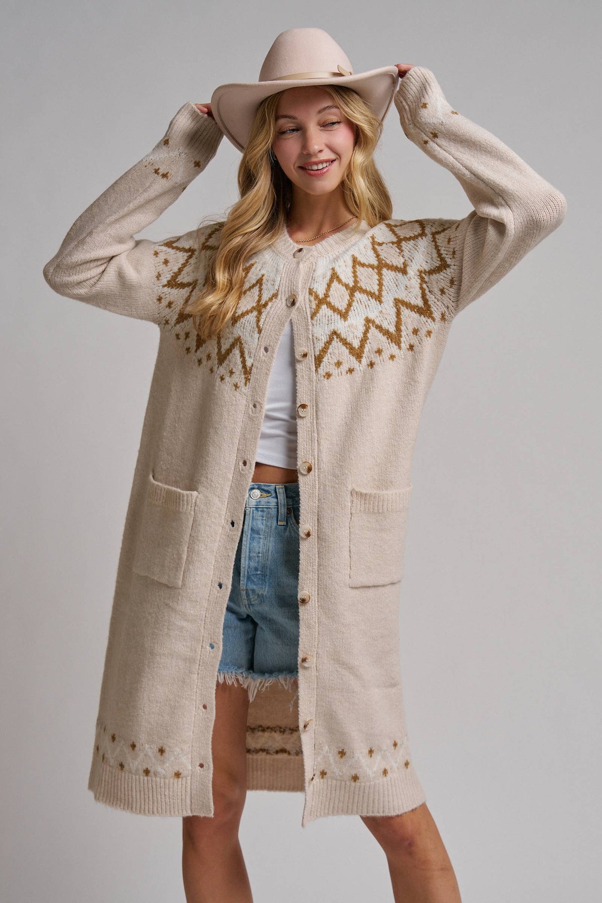 BON - NORDIC FAIR ISLE SWEATER LONG CARDIGAN IN OATMEAL