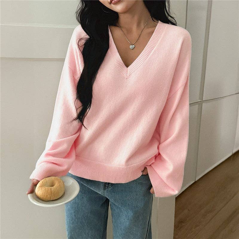 UZ Store V Neck Solid Color Long Sleeve Sweater: BUFF (pale yellow)