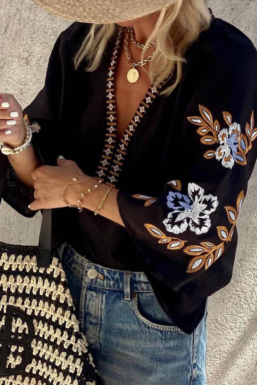 FULL TIME PURCHASE - Bohemian Floral Embroidered V Neck Blouse: Black / XL