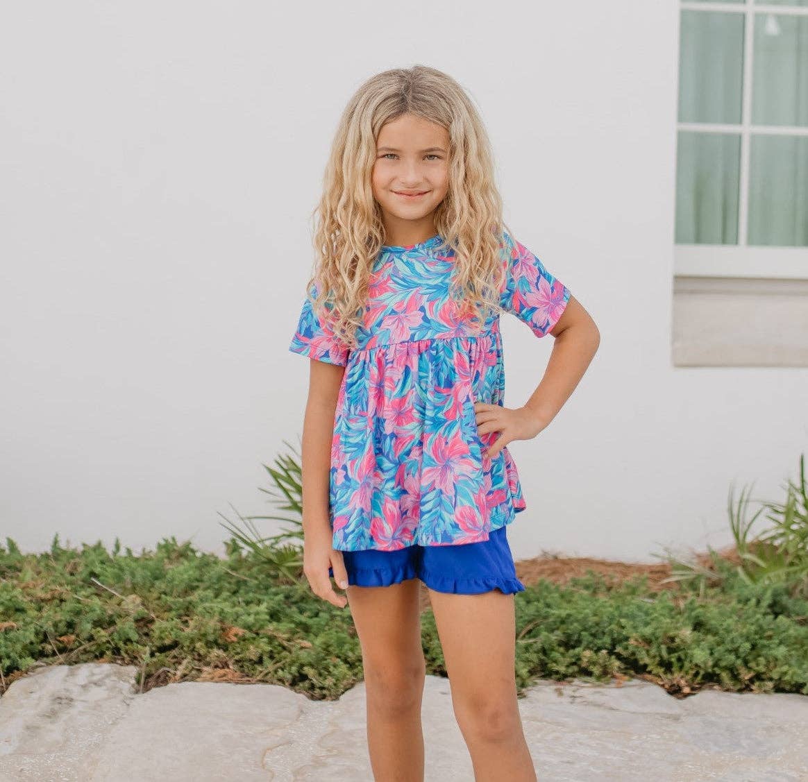 Oopsie Daisy - Kids Tropical Floral Pocket Ruffle Spring Summer Short Set: 5/6