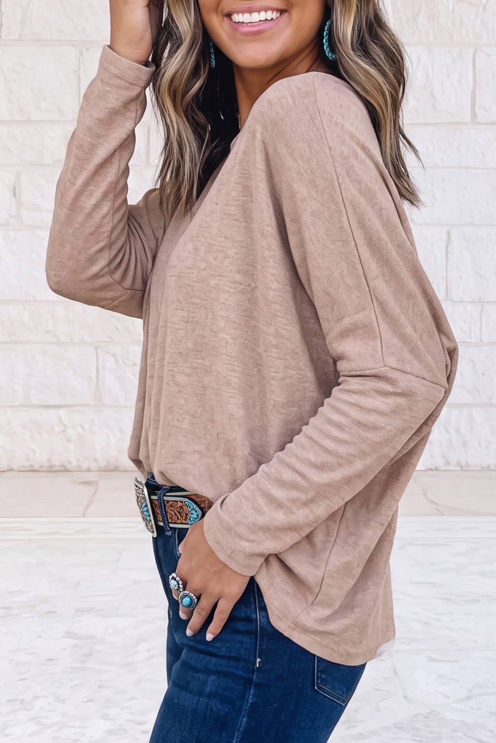 1 the Woman - Oversized Mock Neck Long Sleeve Layering Basic Blouse: Smoke Gray / M