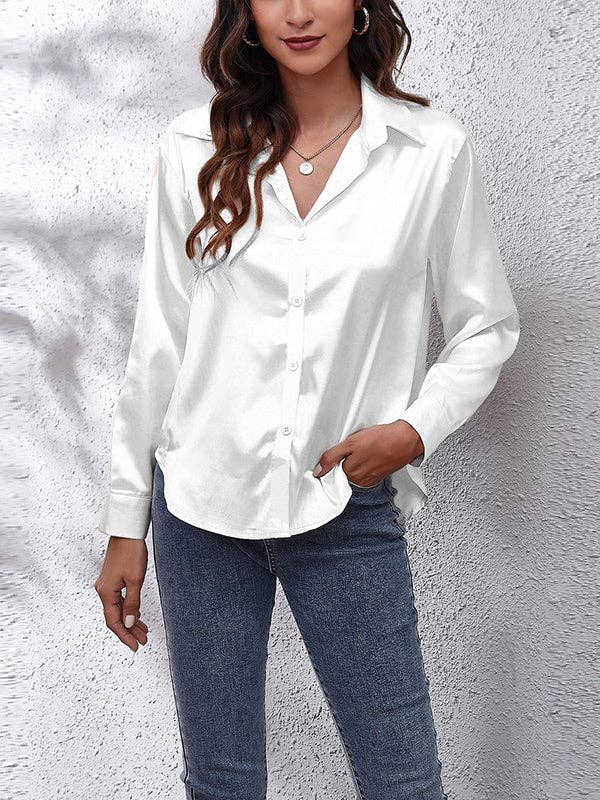 UZ Wholesale Store - Solid Color Long Sleeves Loose Lapel Blouses: WHITE / 2XL