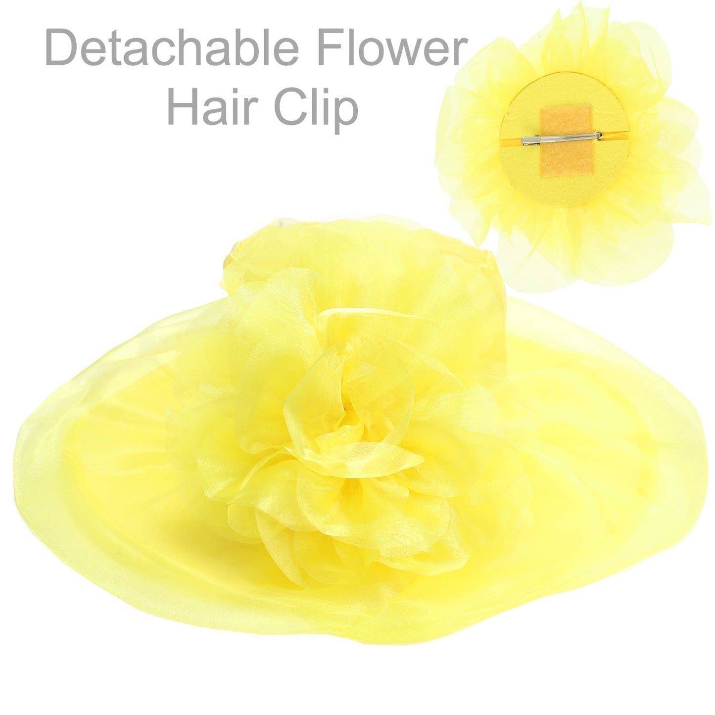 SP Sophia Collection - Wide Brim Organza Hat with Detachable Floral Fascinator Clip: Pink