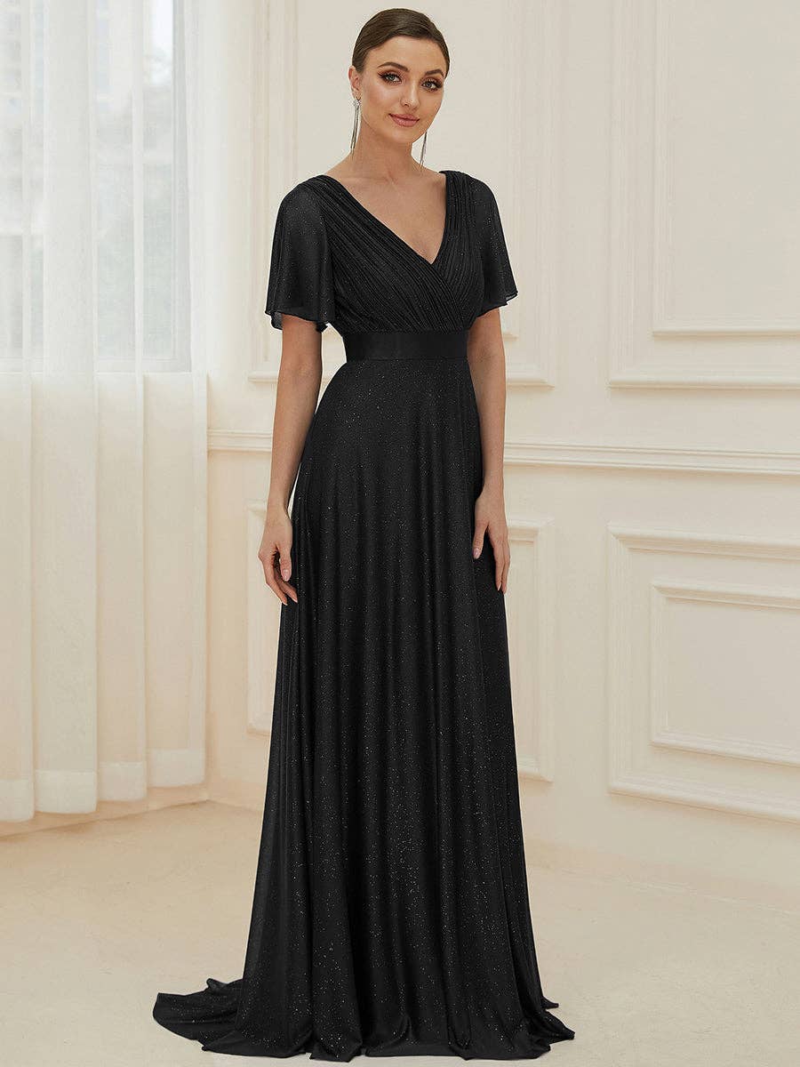 Ever-Pretty - Deep V Neck Ruffles Sleeve A Line Evening Dress: Dark Green / 24