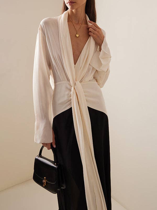 FurDecoration - Long Sleeve Loose V-Neck Maxi Dress with Contrast Color: BLACK WHITE / S