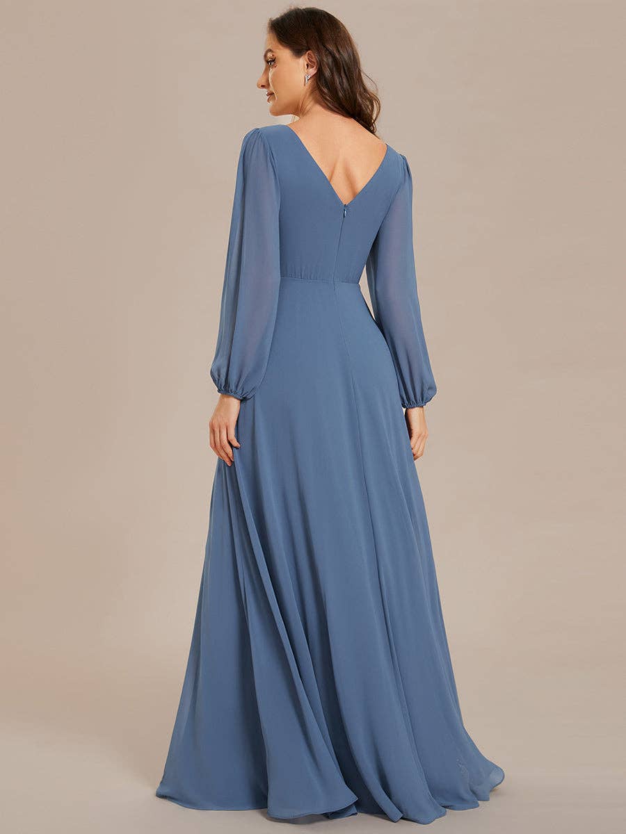Ever-Pretty - Elegant waisted chiffon V-neck Long Sleeve guest Dress: Burgundy / 12