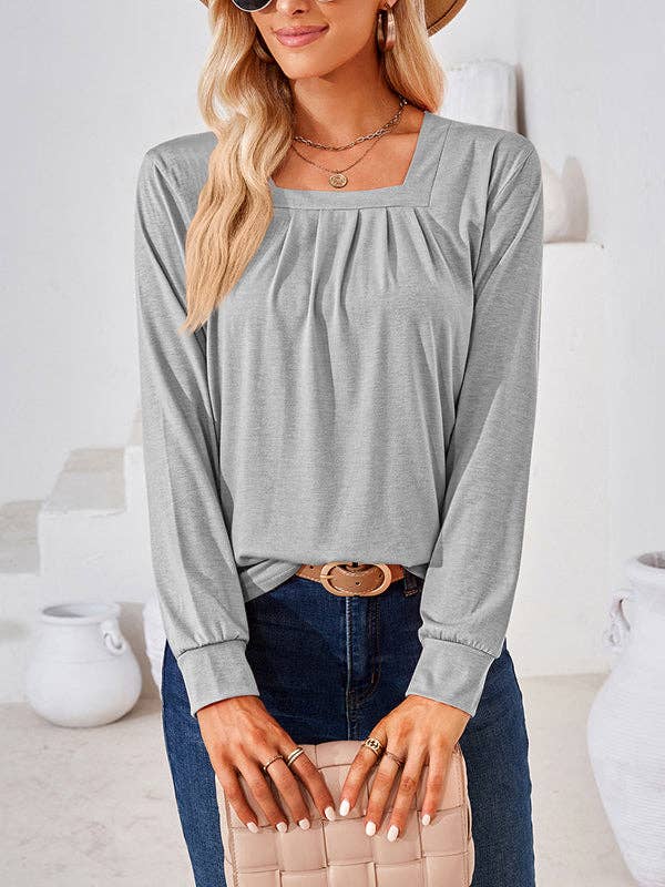 UZ Wholesale Store - Long Sleeves Loose Pleated Solid Color Square-Neck T-Shirts Tops: PINK / 2XL