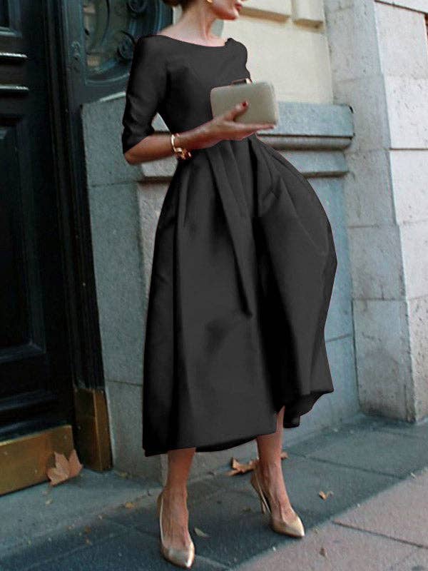 Sheer Trend - A-Line Loose Pleated Pockets Solid Color Split-Joint Round-Neck Midi Dresses: M / BLACK