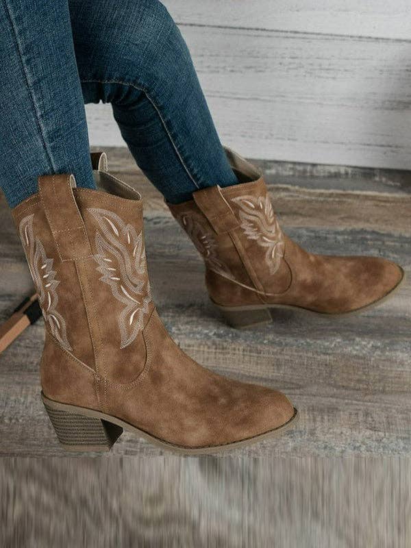 UZ Wholesale Store - Embroidered Round-Toe Split-Joint Boots Pumps: CAMEL / US 6 | EU 36 2/3 | UK 4 | CN 36