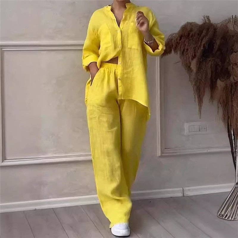 UZ Wholesale Store - Casual Solid Shirt Drawstring Wideleg Pants Set: BLACK / M
