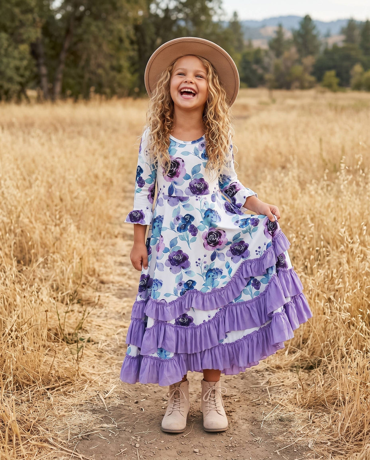Oopsie Daisy - Girls Lavender Winter Floral Long Sleeve Ruffles Dress: 7/8