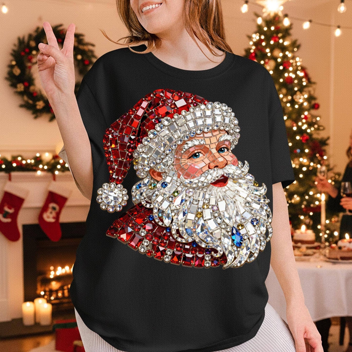 DLT Ecommerce - Faux Rhinestone Santa Shirt, Bling Christmas Sweatshirt: Black / L / Sweatshirt