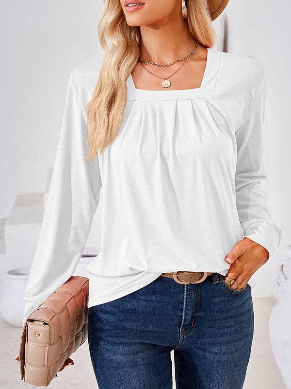 UZ Wholesale Store - Long Sleeves Loose Pleated Solid Color Square-Neck T-Shirts Tops: PINK / S