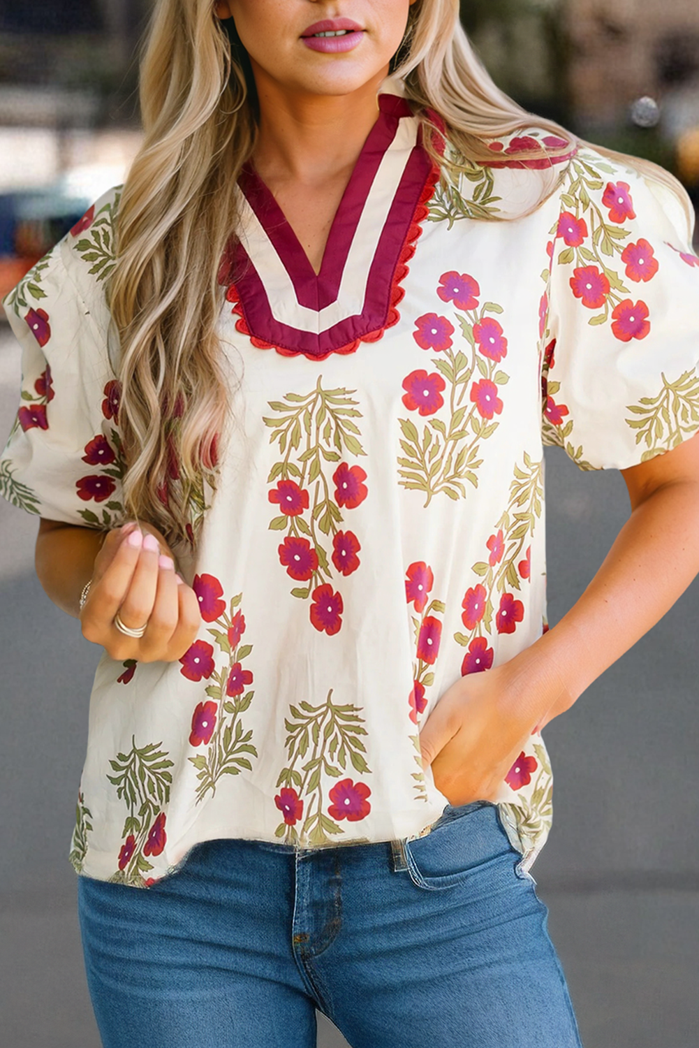 66DISCO - Floral Short Bubble Sleeve Contrast Plus Size Top (S-4X): Black / 3X