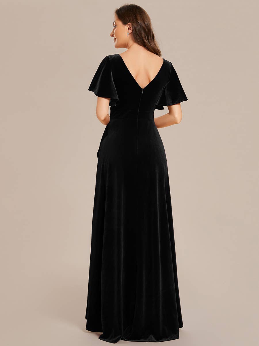 Ever-Pretty - High-low V Neck Evening Dress with Short Sleeves: Dark Purple