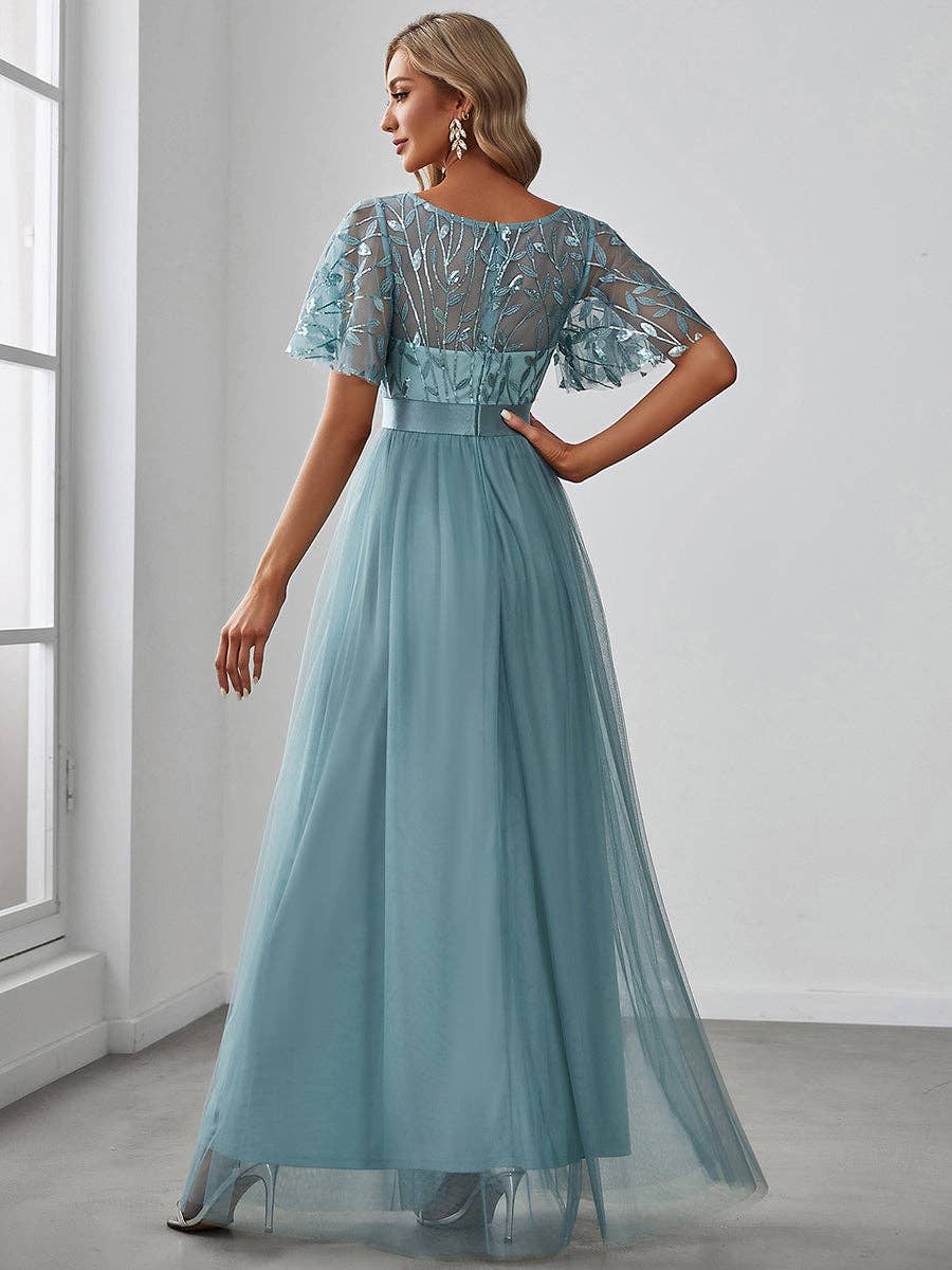 Ever-Pretty - Sequin Print Maxi Long Evening Dresses with Cap Sleeve: Dusty Navy / 16