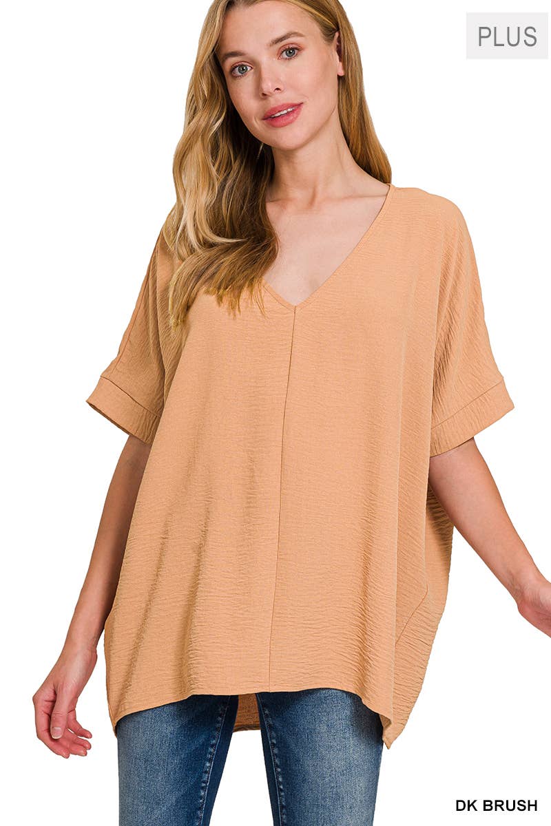 42POPS - PLUS SIZE WOVEN AIRFLOW V-NECK DOLMAN SHORT SLEEVE TOP: FUCHSIA-152206 / 2X