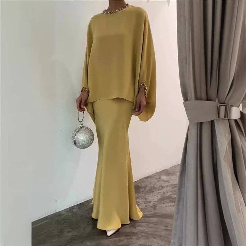 UZ Wholesale Store - Solid Color Pearl Embellished Floor-Length Dress Ensemble: LIGHT BLUE / XL