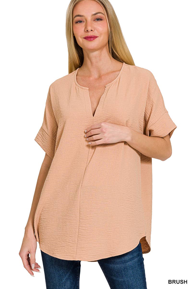 42POPS-Woven Airflow Split Neck Short Sleeve Top Coral