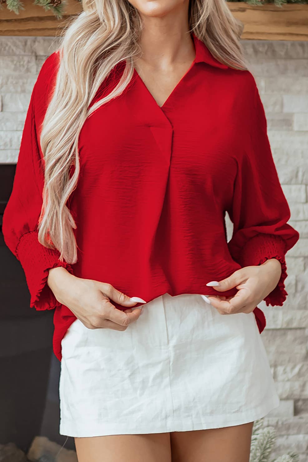 Aapparella - Red Shirred Collared 3/4 Sleeve Oversize Tunic Top Size S-4X