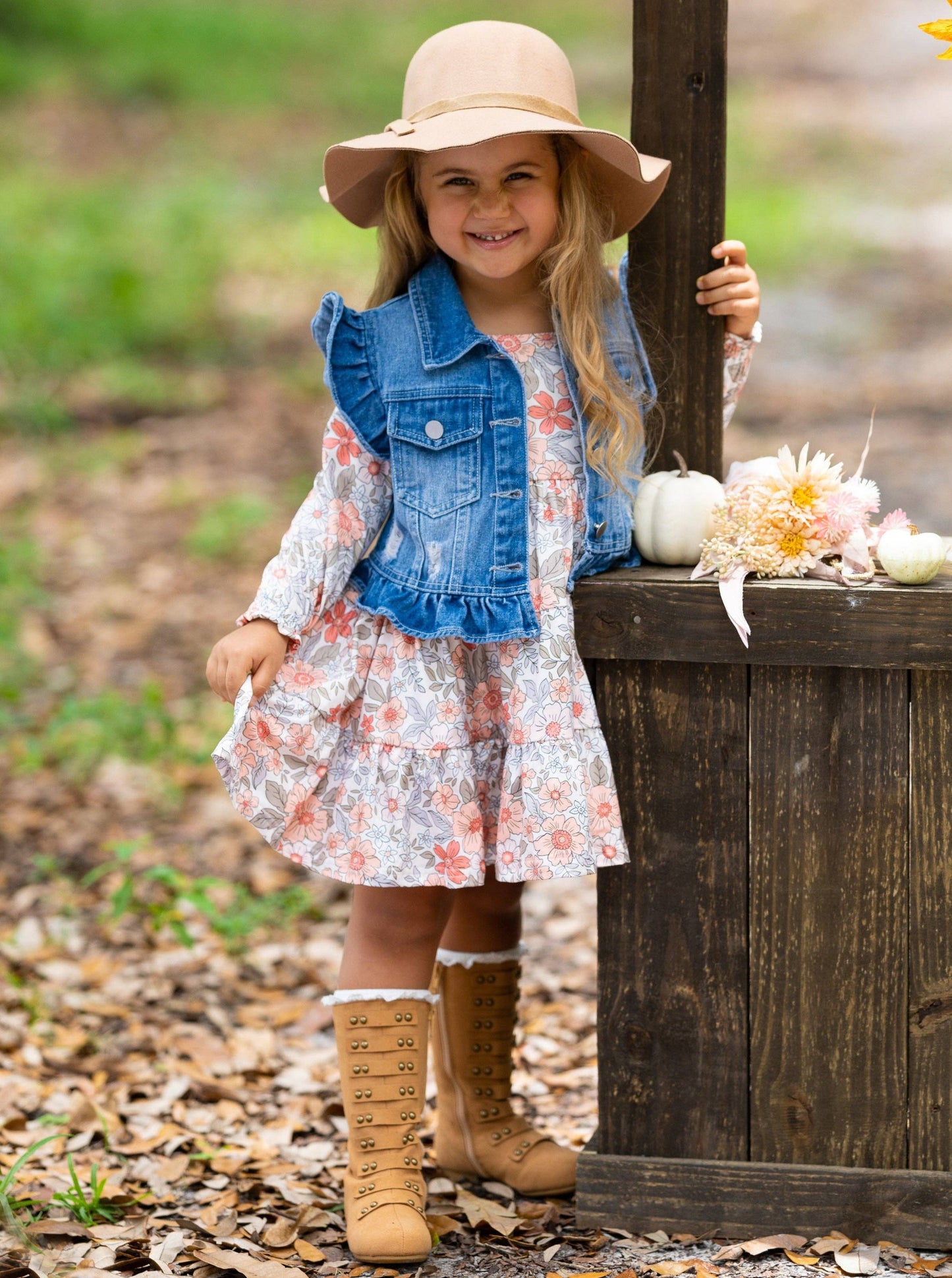 Mia Belle Girls • Wholesale - Long Sleeve Floral Dress w/ Ruffle Denim Vest & Set: Multicolor / 5Y